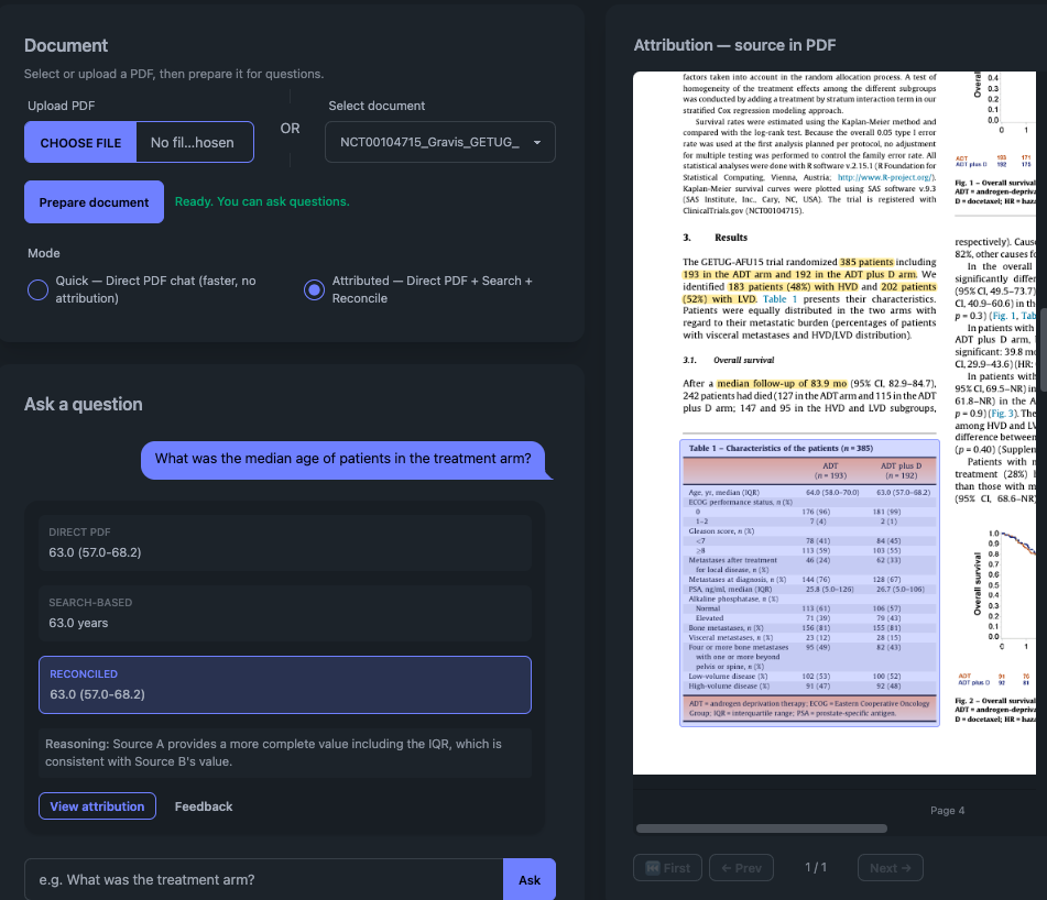 EviSearch attribution interface showing source text from the PDF next to extracted answer