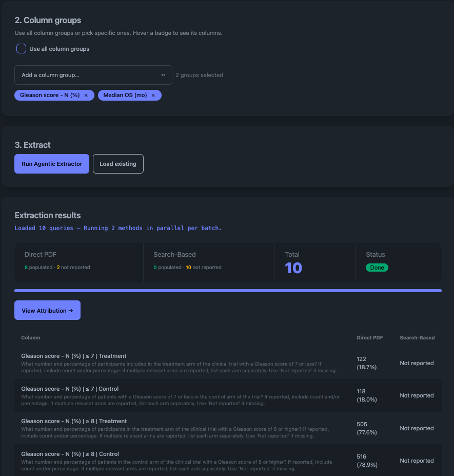 EviSearch extraction interface showing grouped column selection and extraction results